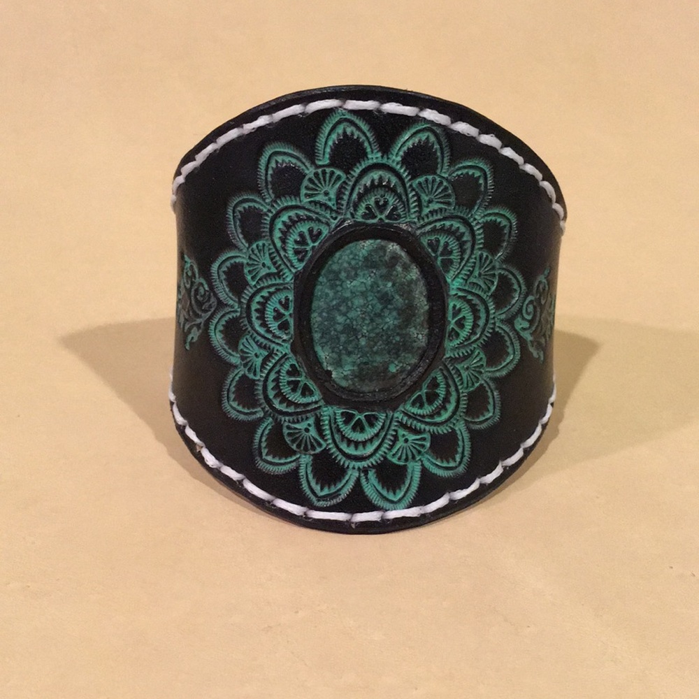 Boho Mandala Style Tooled Leather Cuff Bracelet with Hubei Turquoise Inlay